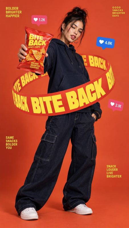 spicy chips food and drink product photo: A woman in dark casual streetwear holds a bright red bag of spicy chips against an orange studio backdrop, surrounded…