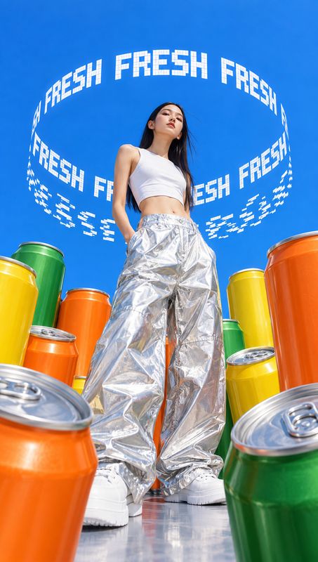 colorful beverage cans group lineup product photo: A fashion model in a white crop top and reflective silver trousers stands among brightly colored beverage ca…