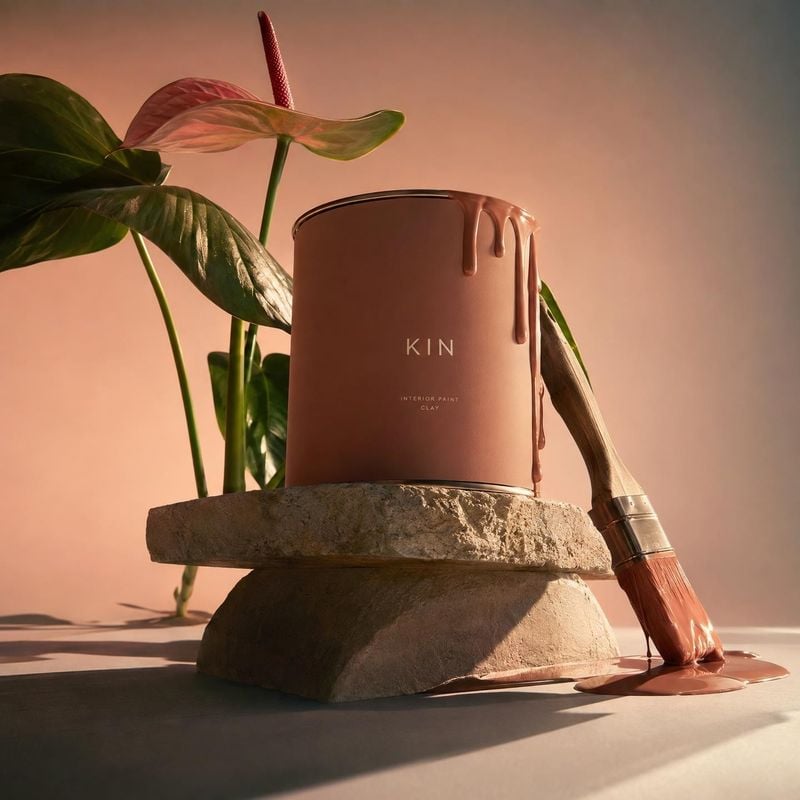 interior paint can texture / swatch product photo: A clay-colored paint can and paintbrush are artfully staged on rough stone beside glossy green leaves, with…