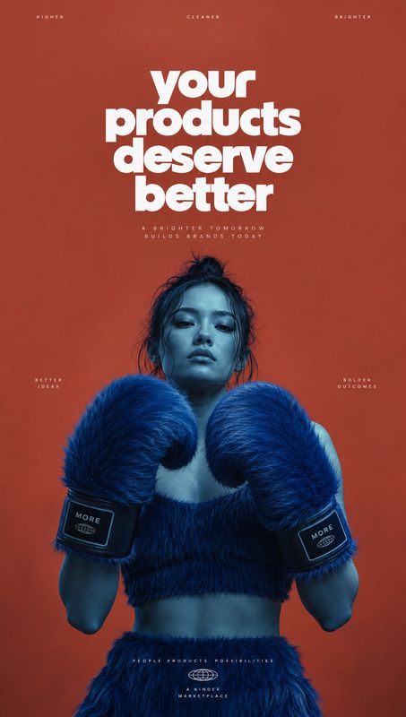 boxing gloves sports product photo: A woman in vivid blue furry boxing gloves poses against a rust-red studio backdrop, with bold white headline typography cre…