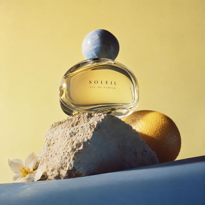 perfume ingredients product photo: A clear glass perfume bottle rests on a textured stone beside a citrus fruit and white flower, lit by warm directional sunli…