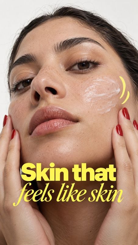 facial cream on-body detail product photo: A close-up beauty portrait shows a woman massaging cream into her cheek, with glossy red nails and bold yellow headl…