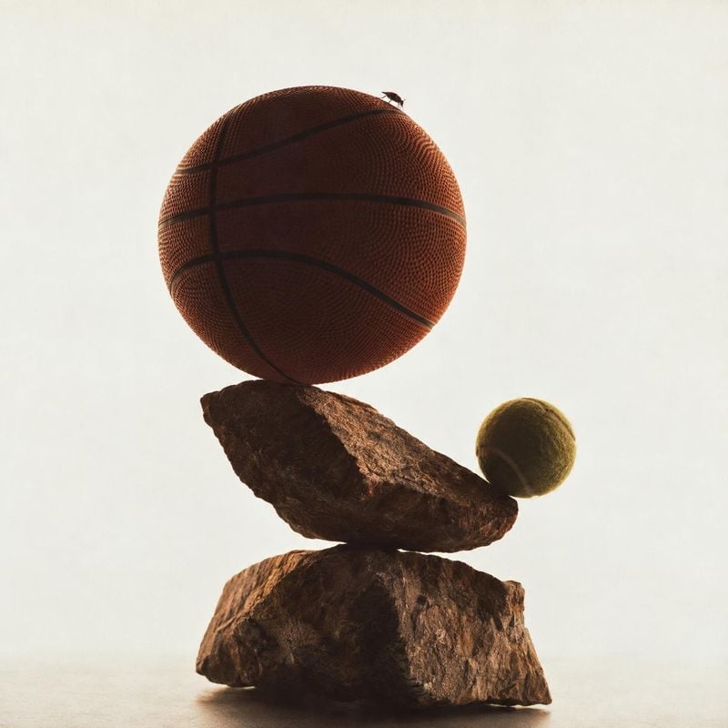 basketball and tennis ball sports product photo: A basketball and tennis ball balance with rugged rocks in a sculptural arrangement against a pale, softly lit…