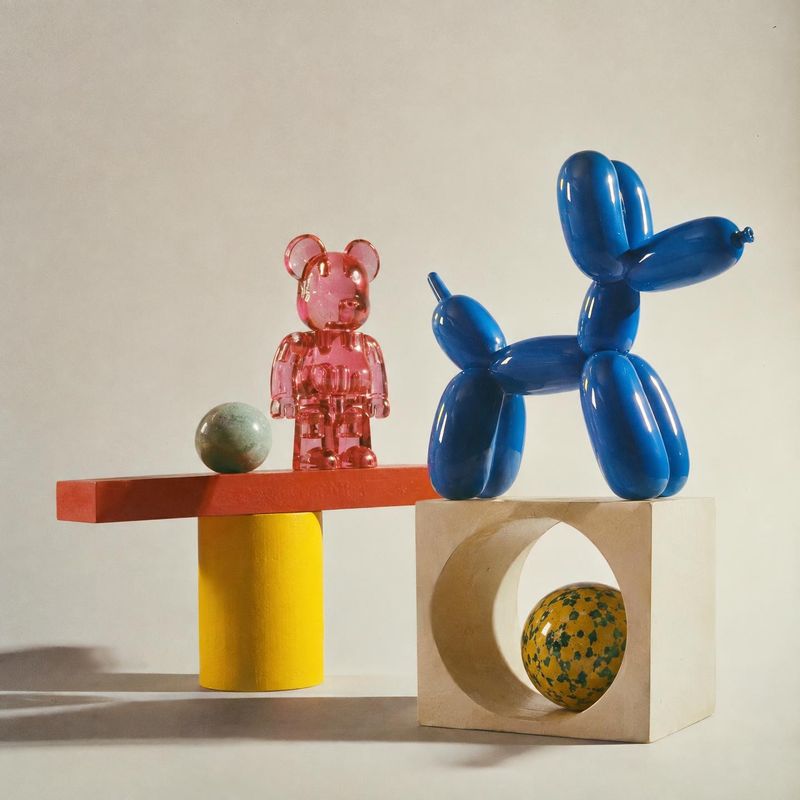 collectible toy figures toys product photo: A glossy blue balloon-dog figure and a translucent pink bear sit with decorative spheres on geometric plinths again…