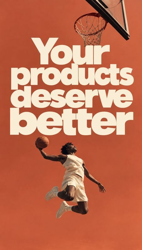 action & motion product photo: A basketball player leaps toward a hoop against a warm terracotta backdrop, with oversized cream typography creating a bold, ene…