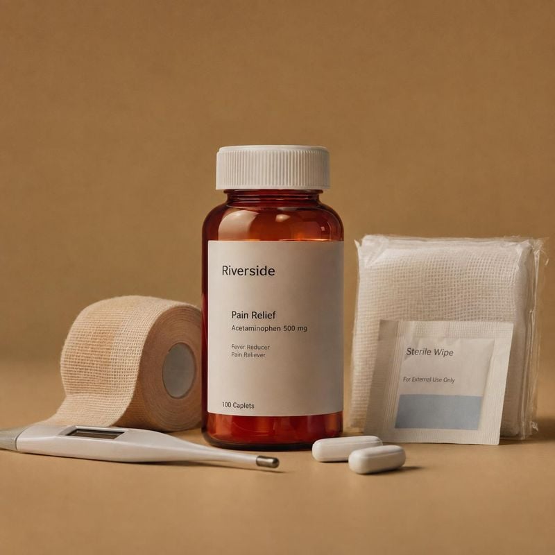 pain relief caplets personal care product photo: An amber bottle of pain relief caplets sits with a thermometer, gauze roll, sterile wipe, and loose tablets on…