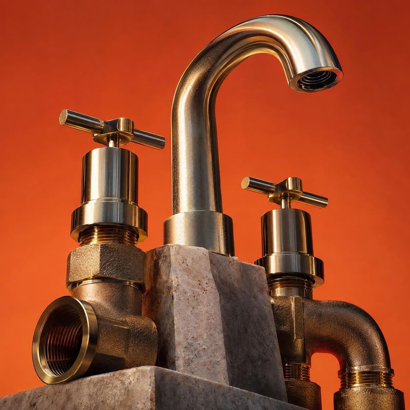brass faucet set close-up detail product photo: A sculptural brass faucet and matching handles rise from rough stone against a vivid orange studio backdrop, wi…