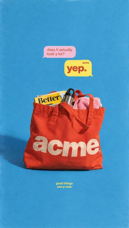 tote bag fashion product photo: A red canvas tote filled with everyday items sits against a vivid blue studio backdrop, with playful speech bubbles and a cheer…