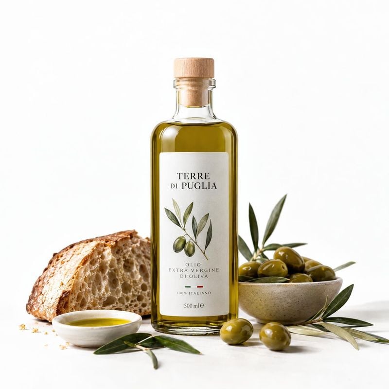 extra virgin olive oil ingredients product photo: A bottle of olive oil is staged with bread, a dipping dish, olives and leafy branches on a bright white surfa…