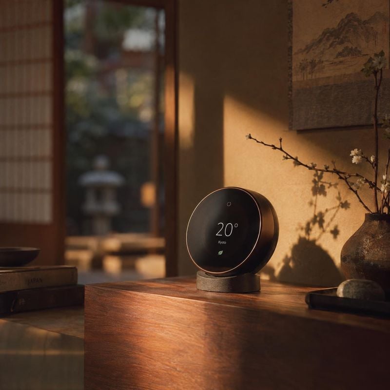 smart thermostat lifestyle scene product photo: A round smart thermostat sits on a wooden table in a serene Japanese-inspired interior, lit by warm late-aftern…