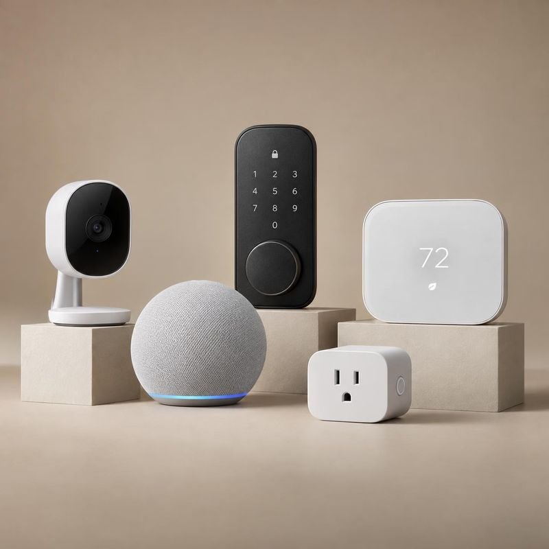 smart home devices group lineup product photo: A coordinated collection of smart home devices is arranged on stepped neutral plinths against a warm beige studi…