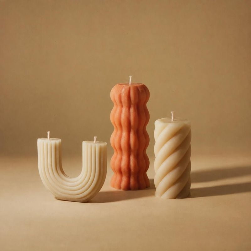 sculptural candles group lineup product photo: Three sculptural candles in ivory and warm orange stand against a softly lit beige studio backdrop, with long sh…
