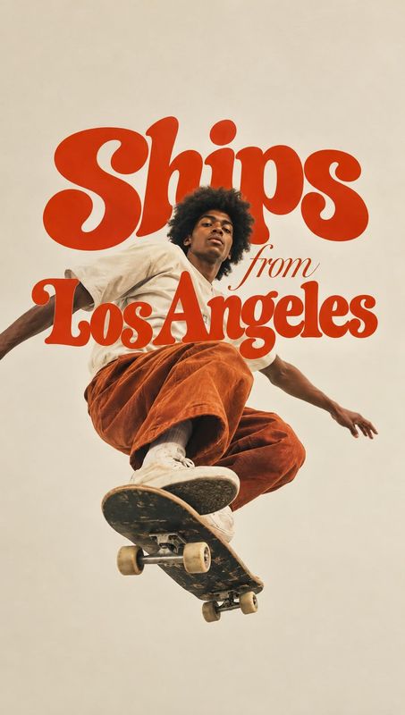 skateboard sports product photo: A skateboarder in a cream shirt and rust-colored trousers leaps against a warm, pale sky, with bold red “Ships from Los Angele…