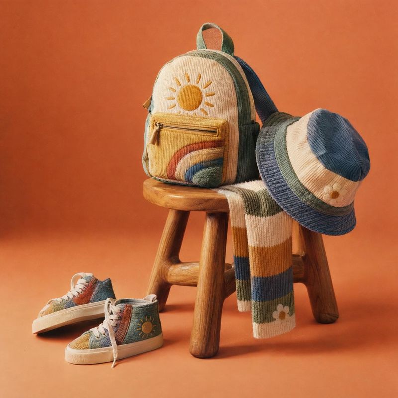 children's backpack, hat, scarf, and sneakers fashion product photo: A coordinated collection of children's corduroy accessories and sneakers is arranged on an…