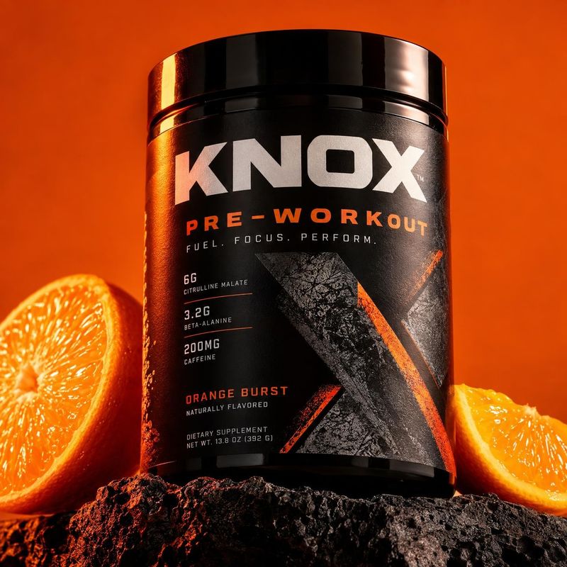 pre-workout supplement personal care product photo: A black pre-workout supplement tub sits on dark rock among orange halves against a vivid orange studio back…