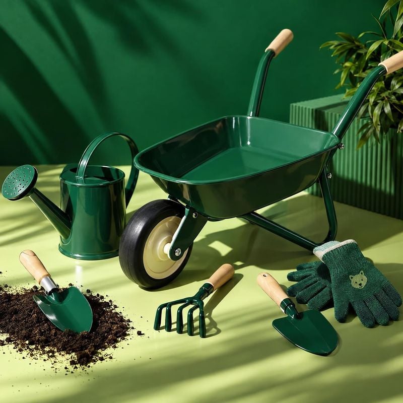 garden wheelbarrow and tools group lineup product photo: A dark green wheelbarrow, watering can, hand tools and gloves are arranged with a little spilled soil…