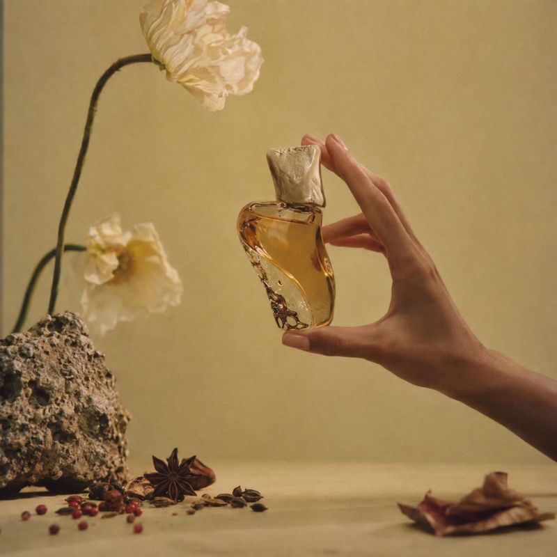 perfume bottle product in hand product photo: A hand presents an amber perfume bottle among pale flowers, aromatic spices and textured stone against a warm mut…