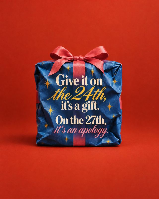 wrapped gift box packshot product photo: A blue gift wrapped in starry paper and tied with a pink bow sits against a vivid red studio backdrop, with playful gi…
