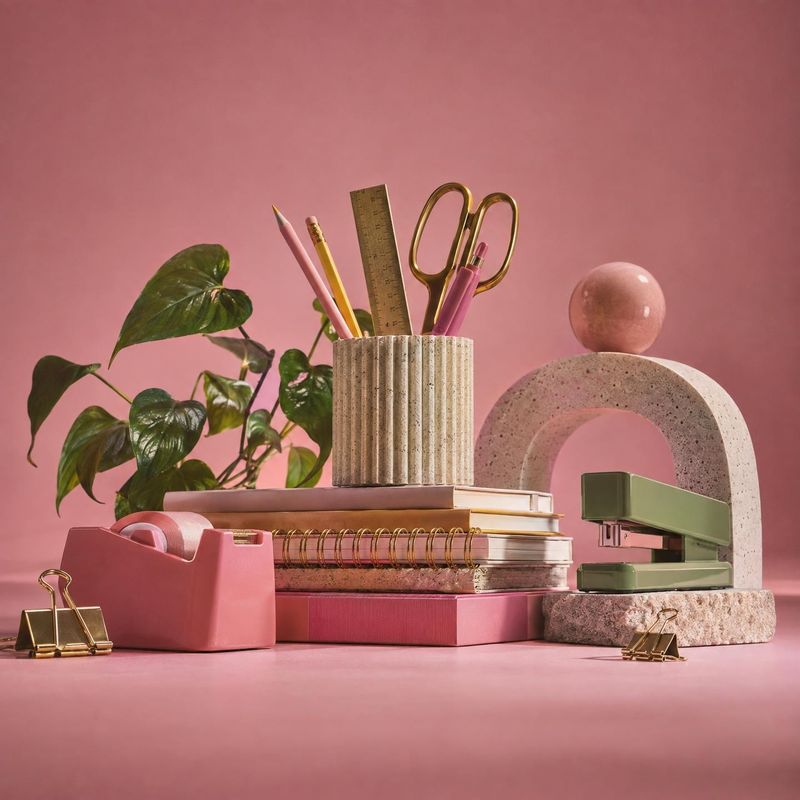stationery and desk accessories stationery product photo: A curated arrangement of notebooks, pencils, scissors, a tape dispenser, and a stapler sits against a…