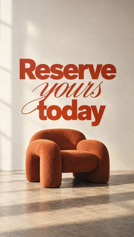rust-colored upholstered armchair room set product photo: A sculptural rust-colored armchair sits in a sunlit minimalist interior beneath bold red typography r…