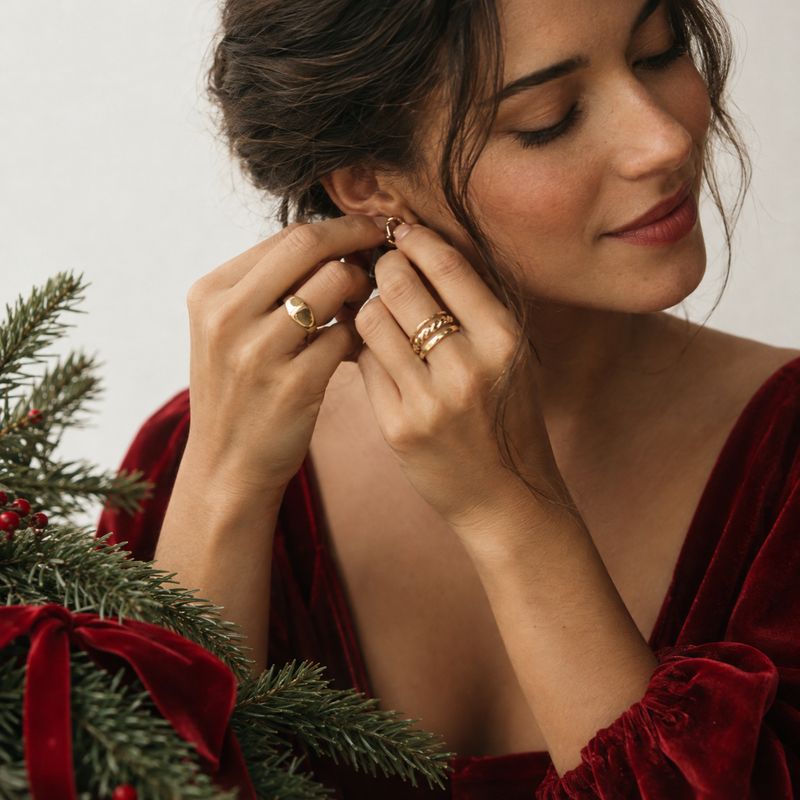 gold earrings and rings christmas product photo: A woman in a deep red velvet top fastens a gold earring beside evergreen branches and red holiday accents, in…
