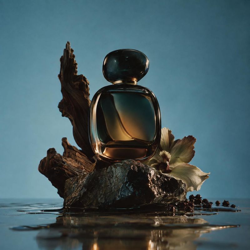 perfume bottle black friday product photo: A dark glass perfume bottle is staged on wet rocks with pale flowers against a moody blue backdrop, lit dramatically…