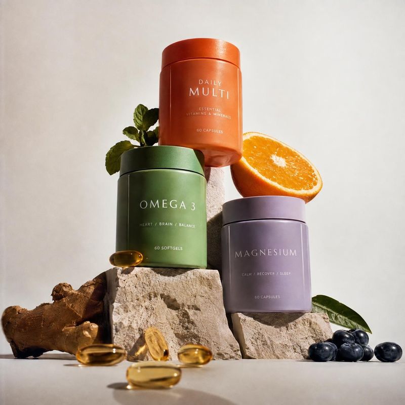 vitamin and supplement capsules group lineup product photo: Three colorful supplement bottles are arranged on natural stone with citrus, berries, leaves, and c…