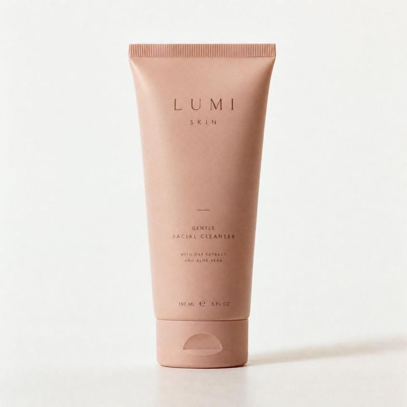 facial cleanser beauty product photo: A rose-toned facial cleanser tube stands upright against a bright, neutral studio background, with soft directional light…