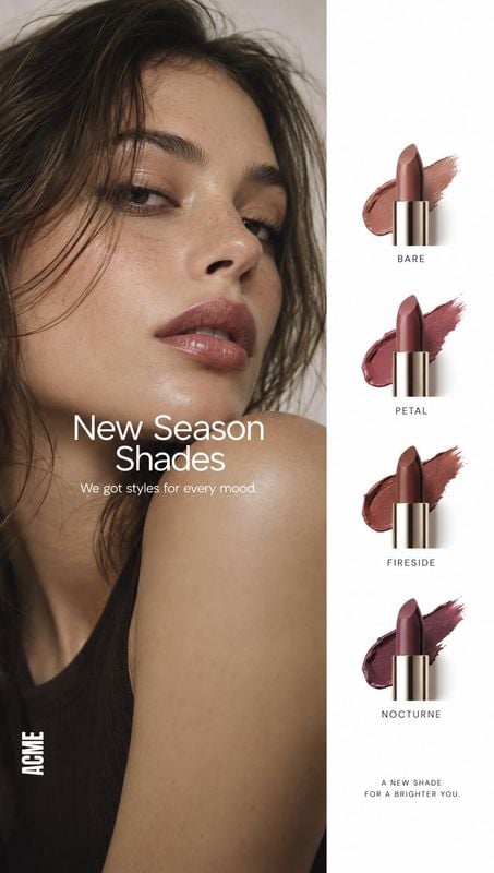 lipstick group lineup product photo: A close-up portrait of a woman with glossy mauve lipstick fills the left side, while four lipstick shades and swatches lin…