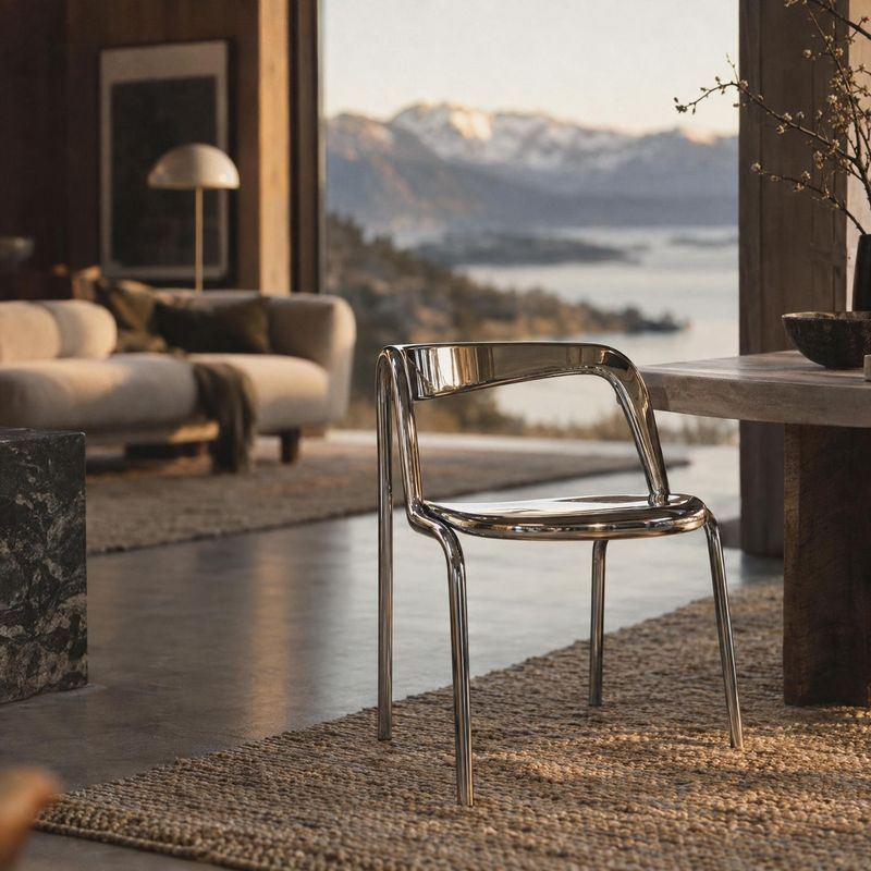 chrome chair room set product photo: A sleek chrome chair sits on a textured rug in a warm, modern living room, with soft natural light and a mountain lake vis…