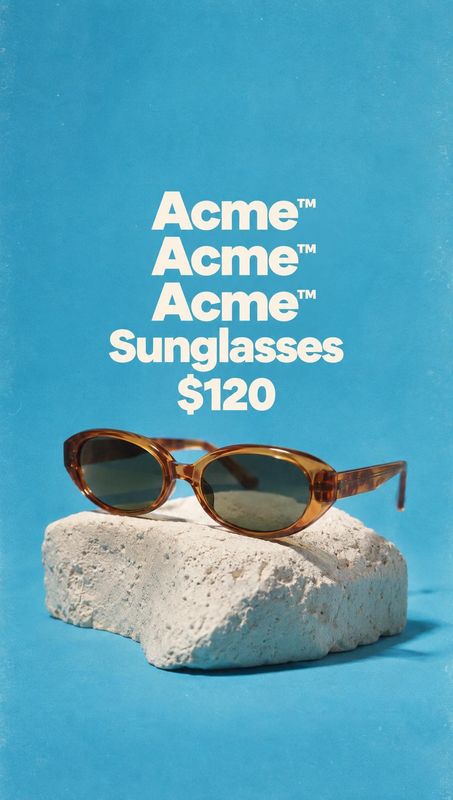 sunglasses jewelry product photo: Tortoiseshell sunglasses rest on a rough pale stone against a bright blue studio backdrop, with bold centered white product a…