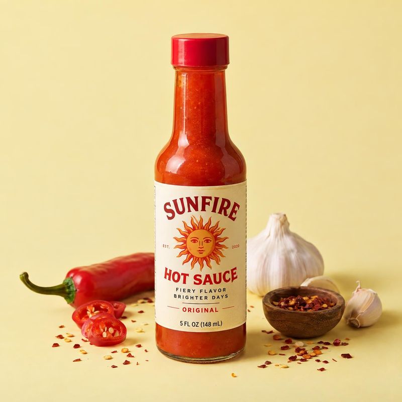 hot sauce ingredients product photo: A bottle of red hot sauce stands among chili peppers, garlic, and pepper flakes on a pale yellow studio surface, creating…
