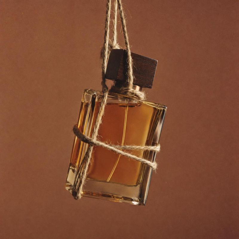 perfume bottle floating product product photo: An amber perfume bottle with a dark wooden cap hangs wrapped in coarse twine against a warm brown backdrop, lit…