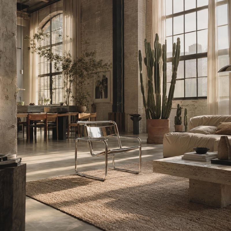 modern metal-frame lounge chair room set product photo: A sleek chrome-frame lounge chair sits on a textured rug in a spacious industrial-style living room, so…