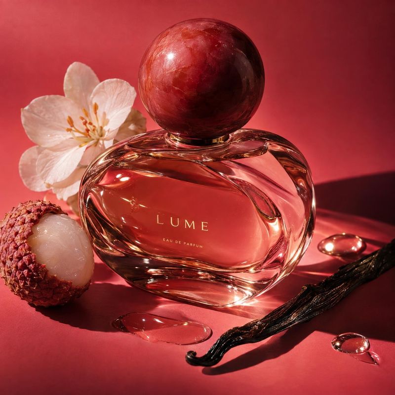 eau de parfum ingredients product photo: A sculptural perfume bottle sits among lychee, pale blossoms, and vanilla on a vivid red set, lit with warm glossy hig…