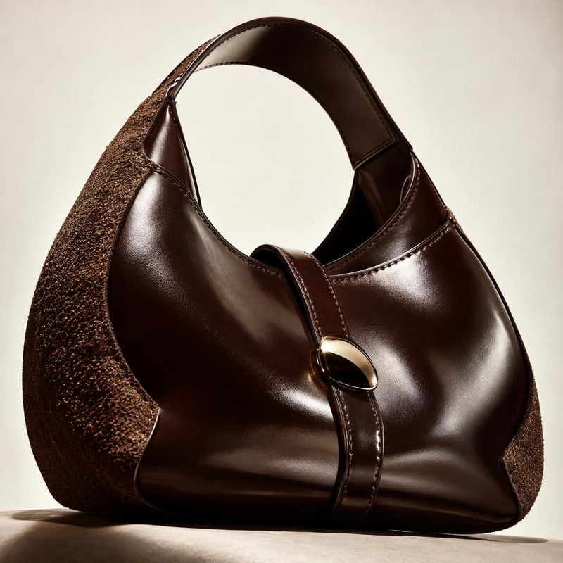 leather handbag jewelry product photo: A glossy dark-brown leather handbag with textured side panels and a gold-tone clasp is presented against a softly lit cr…
