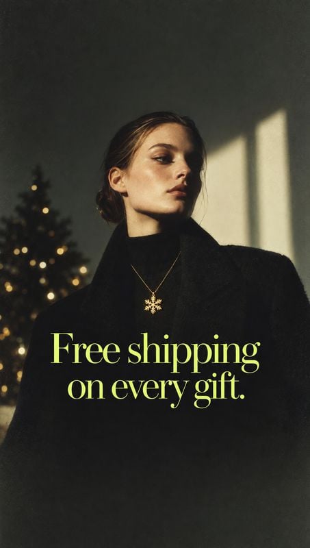 snowflake pendant necklace jewelry product photo: A woman in a black coat wears a delicate gold snowflake pendant beside a softly lit Christmas tree, with warm…