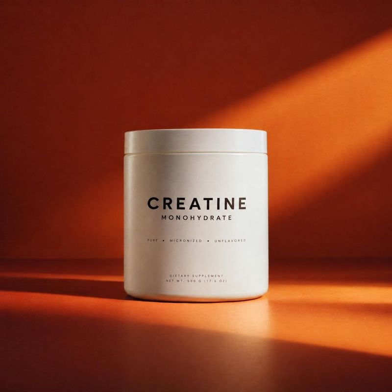 creatine monohydrate supplement personal care product photo: A white creatine monohydrate tub stands centered on a warm orange studio surface, lit by a dramati…