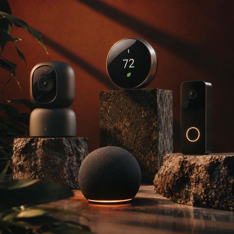smart home devices group lineup product photo: A coordinated set of dark smart-home devices is staged on rugged stone plinths against a warm rust-colored backd…
