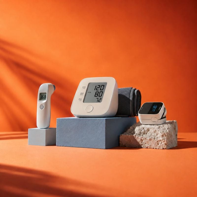 health monitoring devices group lineup product photo: A thermometer, blood pressure monitor, and fingertip pulse oximeter are arranged on display blocks agains…