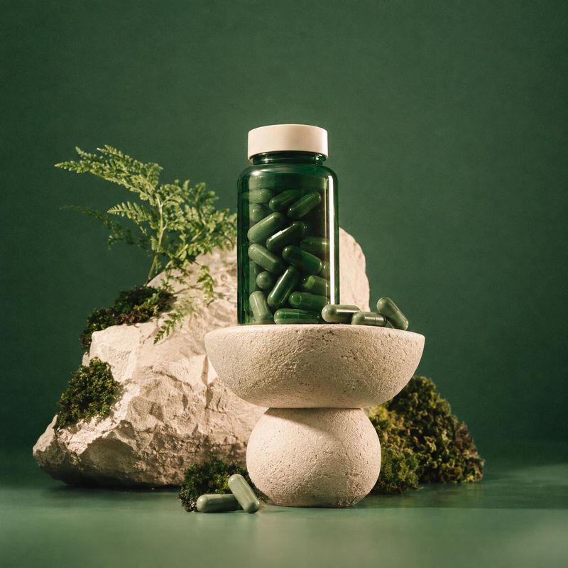 supplement capsules personal care product photo: A dark green bottle of capsules and loose capsules are styled among pale stone forms, moss and delicate greene…