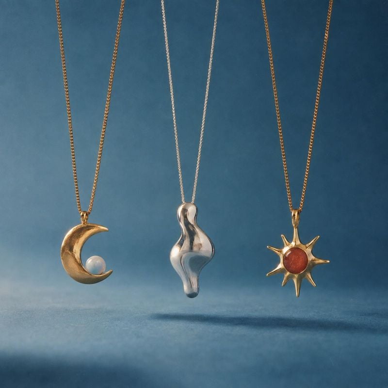 three pendant necklaces floating product product photo: Three gold and silver pendant necklaces—a crescent moon, an abstract form, and a sun—hang against a sof…
