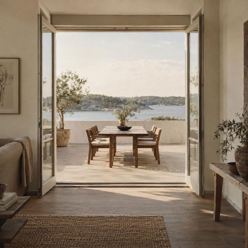 dining table and chairs interior space product photo: A warm, neutral dining room opens through full-height doors to a terrace with a wooden table and chairs o…