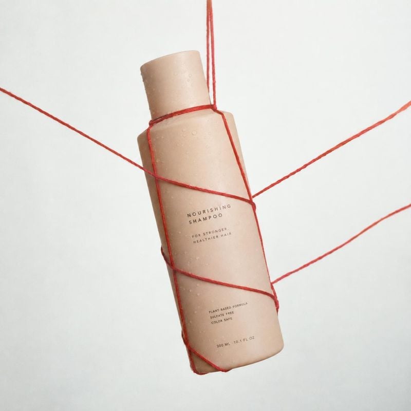nourishing shampoo floating product product photo: A pale shampoo bottle wrapped in taut red thread floats against a bright white studio background, with minim…