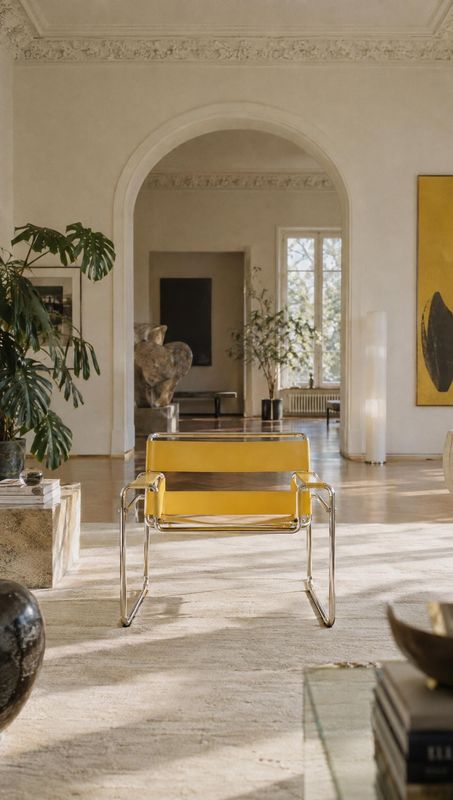 yellow lounge chair room set product photo: A yellow-and-chrome lounge chair sits centered in an elegant, sunlit classical interior with plants, artwork, and w…