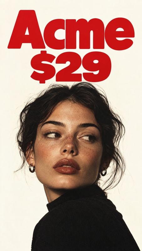 hoop earrings jewelry product photo: A woman in a black top and silver hoop earrings looks to the side against a warm off-white studio backdrop, with bold red…