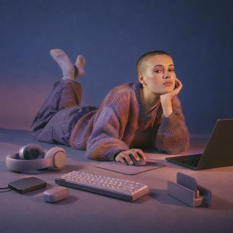 computer accessories lifestyle scene product photo: A woman in a textured knit sweater lounges at a desk with a laptop, keyboard, mouse, and headphones under m…