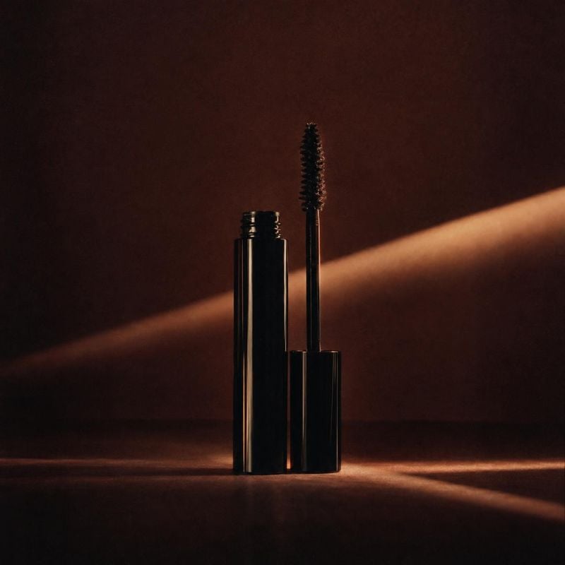 mascara beauty product photo: An open black mascara tube and upright wand are dramatically lit against a deep warm-brown studio backdrop, with a diagonal band…