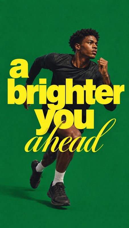 action & motion product photo: An athletic man runs across a vivid green studio backdrop, wearing a black training outfit as oversized yellow lettering deliver…