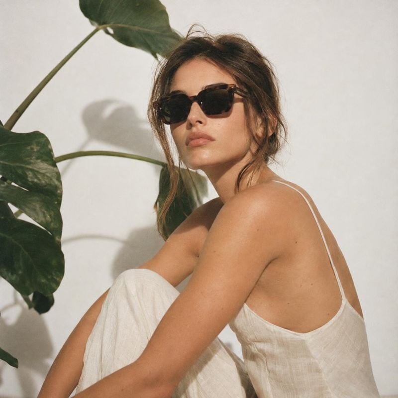 sunglasses on-body detail product photo: A woman in dark sunglasses and a cream linen outfit poses beside a leafy plant against a pale backdrop, in soft natura…